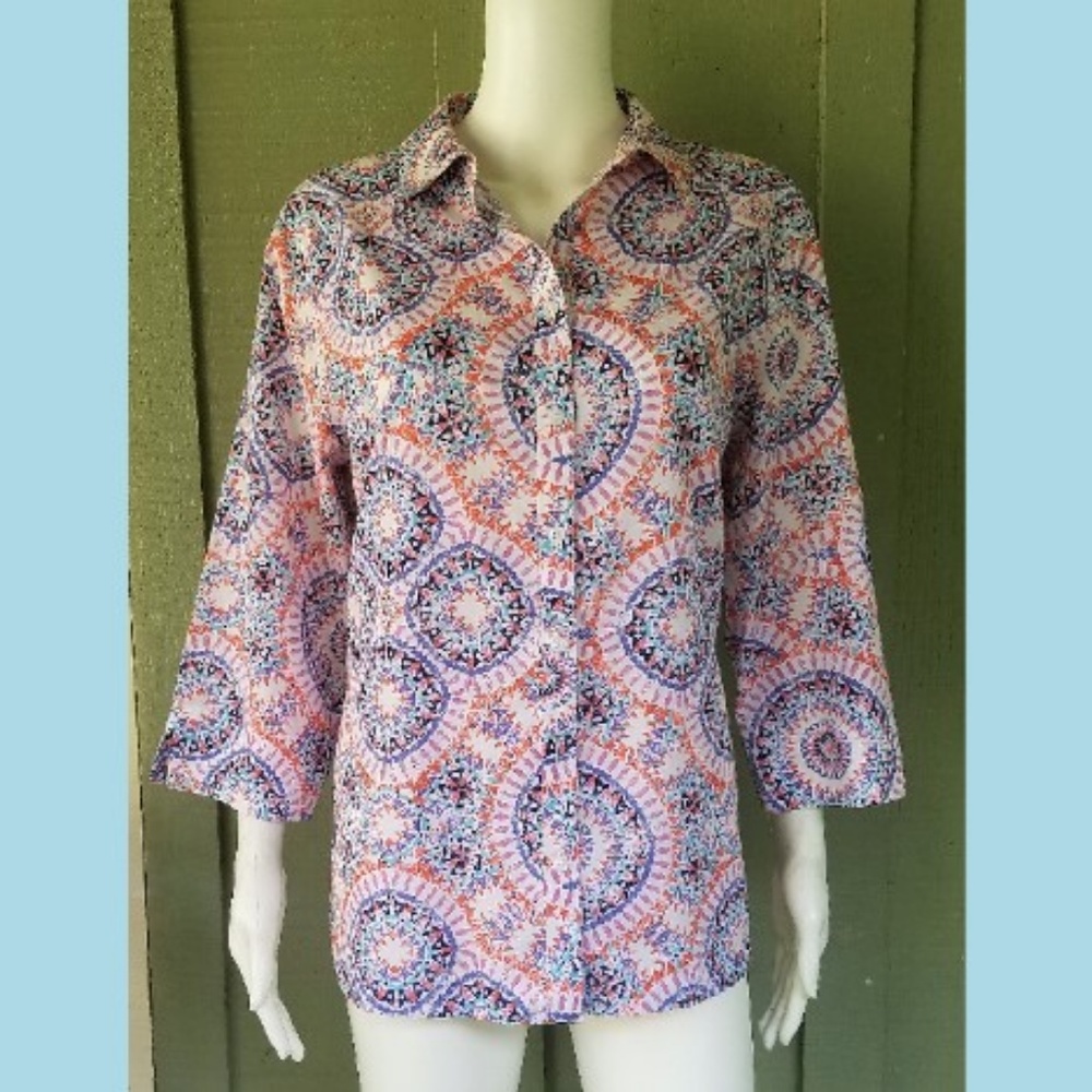 CHICO'S Orange Purple Southwest Pattern Shirt Top